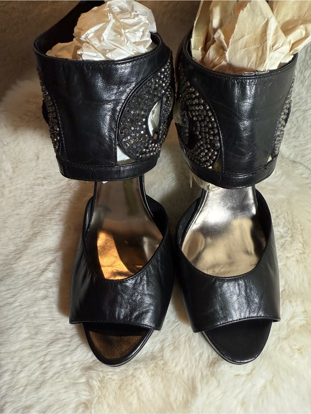 Embellished Black Ankle-Cuff Women’s Heels